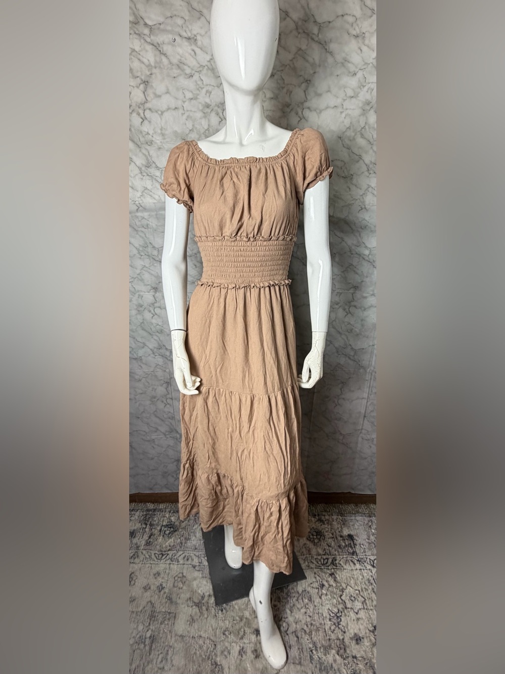 Renaissance Style Cottagecore Smocked Tan Puff Sleeve Tiered Prairie Dress M